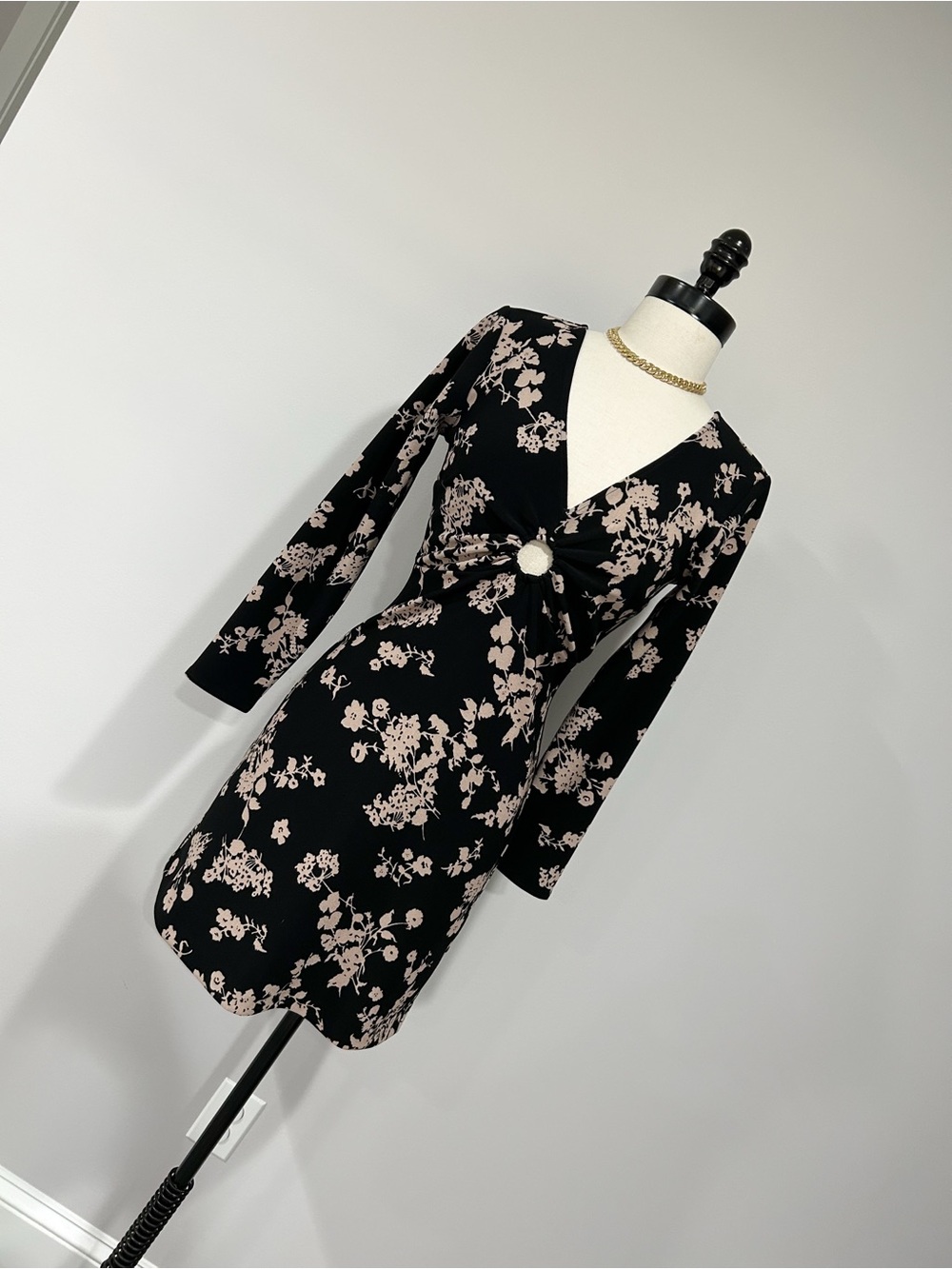 Abercrombie & Fitch Black Dress with Blush Floral Print and Ring Detail